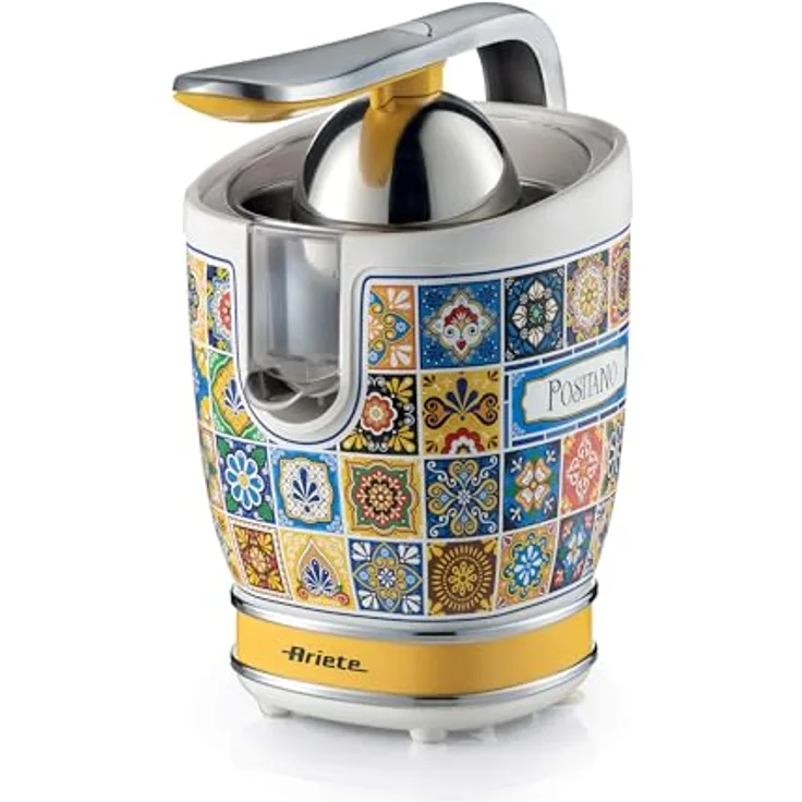 Ariete 413, Positano Zitruspresse, elektrische Zitruspresse mit professionellem Hebel, 2 Kegel für große und kleine Früchte, auslaufsicherer Ausguss, leiser Motor, professionelle Pressung, in Capri Blau.