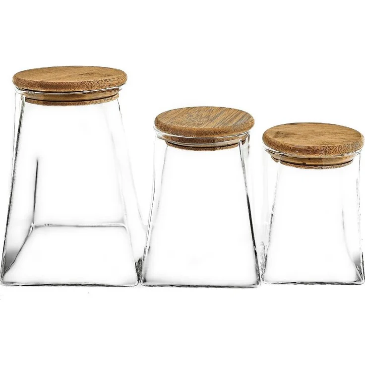 Mulex 3er Set Vorratsbehälter aus Borosilikatglas mit luftdichtem Holzdeckel, 350 ml, 500 ml, 900 ml, elegant und schlichter Stil