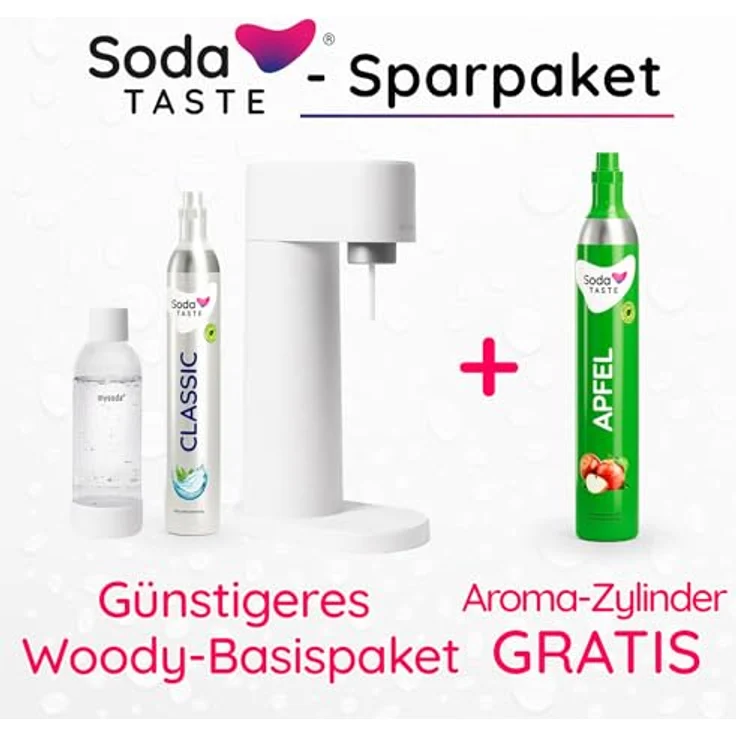 SodaTASTE Sparpaket: Mysoda Woody - Wassersprudler aus erneuerbarem Holzkomposit mit 1L BPA-freier Plastikflasche, CO2-Zylinder Classic + CO2-Zylinder Apfel (Weiß) – Bild 2