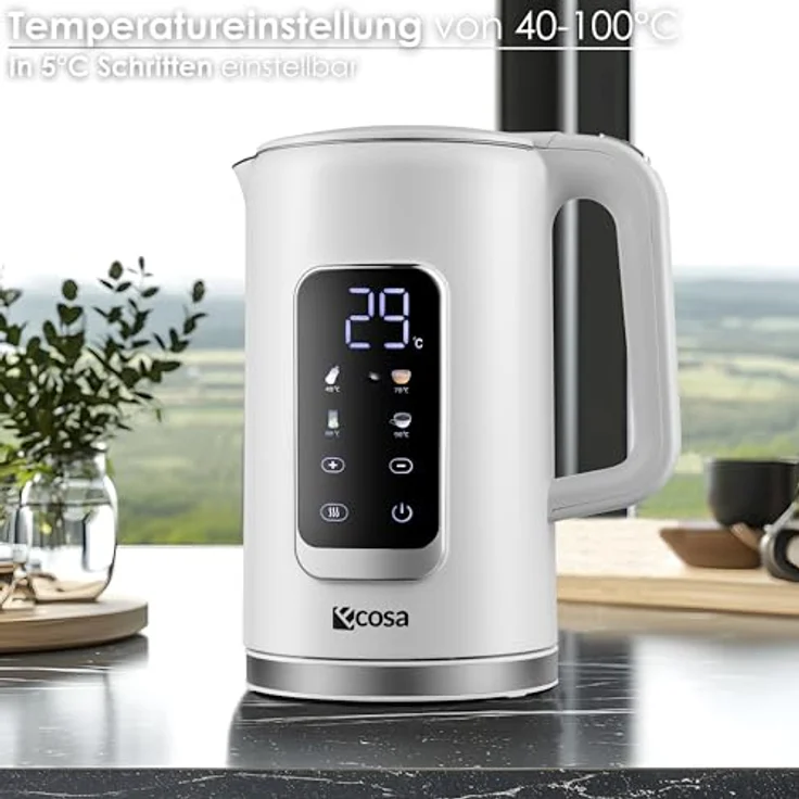 ecosa Wasserkocher Edelstahl mit Temperatureinstellung 1,7 Liter 2200 Watt Teekocher BPA FREI LED Display Warmhaltefunktion (Wanda White) – Bild 4