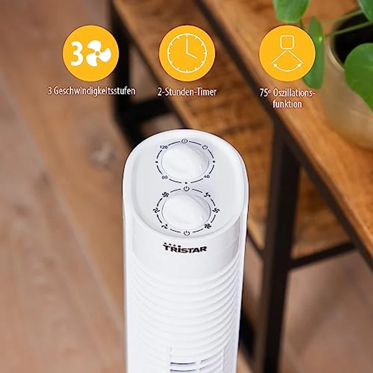 Tristar VE-5900 Turmventilator – 35 W – 73 cm Hoch – 3 Geschwindigkeitsstufen – Oszillierend 75° – Timer, Weiß – Bild 4