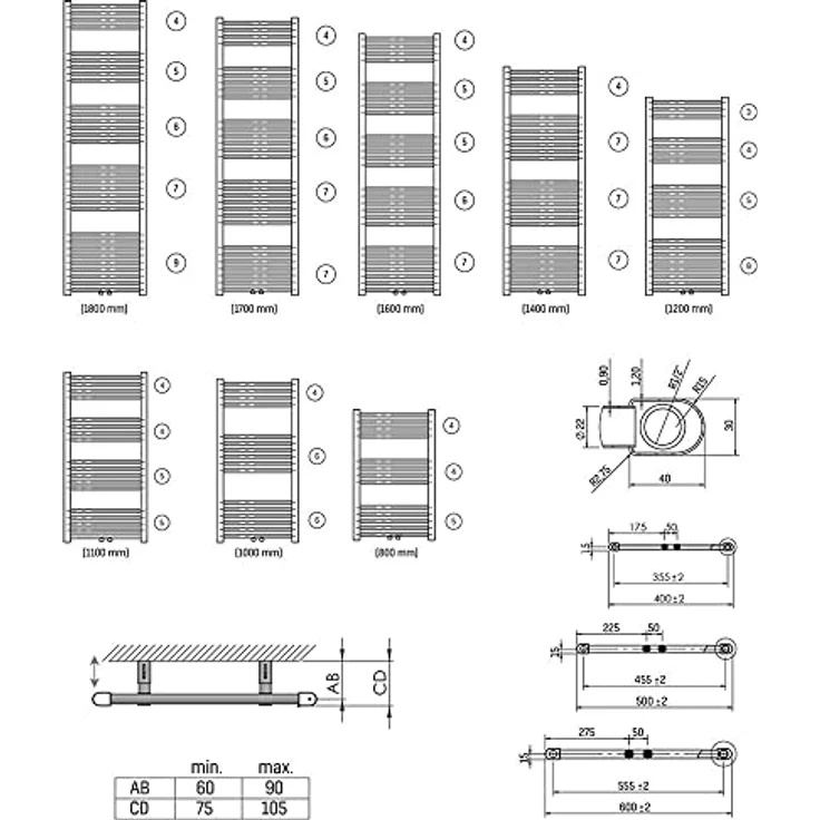 Belrad Badheizkörper Mittelanschluss, Schwarz Matt Gebürstet, 1600 x 600 mm, 828 W, aus Qualitätsstahl – Bild 5