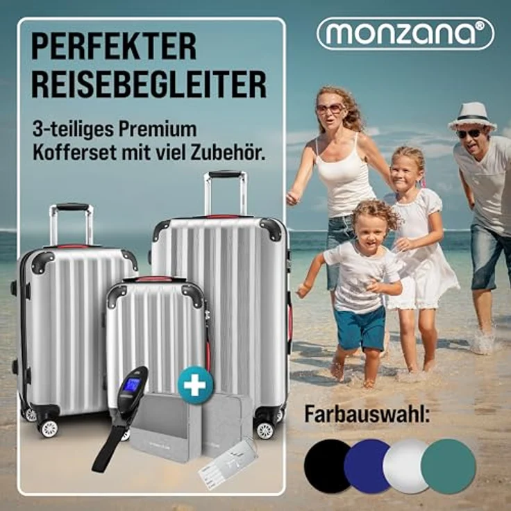 MONZANA® 3tlg. Kofferset Hartschalen Koffer M-L-XL Silber mit Organizer, Kofferwaage, Zwillingsrollen, Gel-Griffe und Standfüße – Bild 2