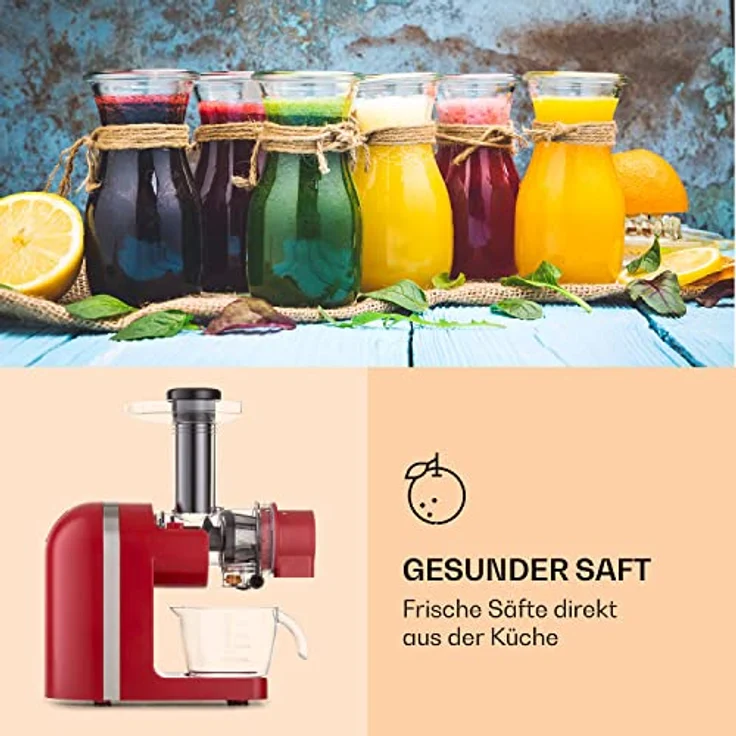 Klarstein Bella Elegance Saftpresse 200 W, Entsafter mit 400 ml, BPA-frei, rutschfester Standfuß, max. Dauerbetriebszeit: ca. 20 Minuten, einfache Reinigung, rot – Bild 5