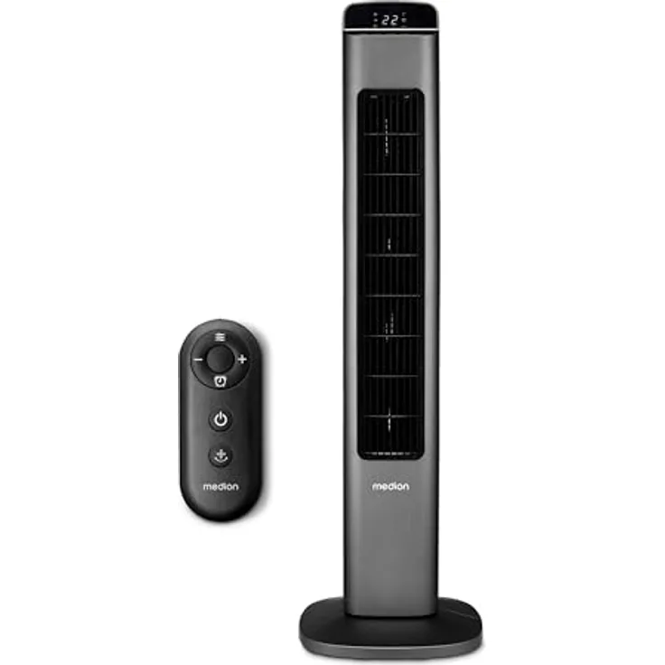 MEDION P15 TF Turmventilator (MD10809) mit Fernbedienung (5 Geschwindigkeitsstufen, leiser Schlafmodus, 45 Watt Leistung, Automatische 80° horizontale Oszillation, LED Display, Anthrazit