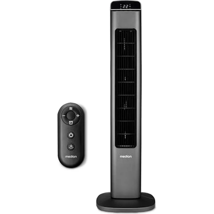 MEDION P15 TF Turmventilator (MD10809) mit Fernbedienung (5 Geschwindigkeitsstufen, leiser Schlafmodus, 45 Watt Leistung, Automatische 80° horizontale Oszillation, LED Display, Anthrazit – Bild 1