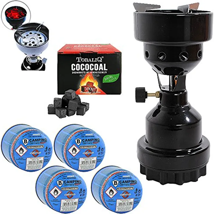 Mianova Campingkocher Camping Kocher Shisha Kohleanzünder Notfallkocher Grill Anzünder Gaskocher Gaskartuschen mit 4 Kartuschen Gasflaschen Kohle Schwarz