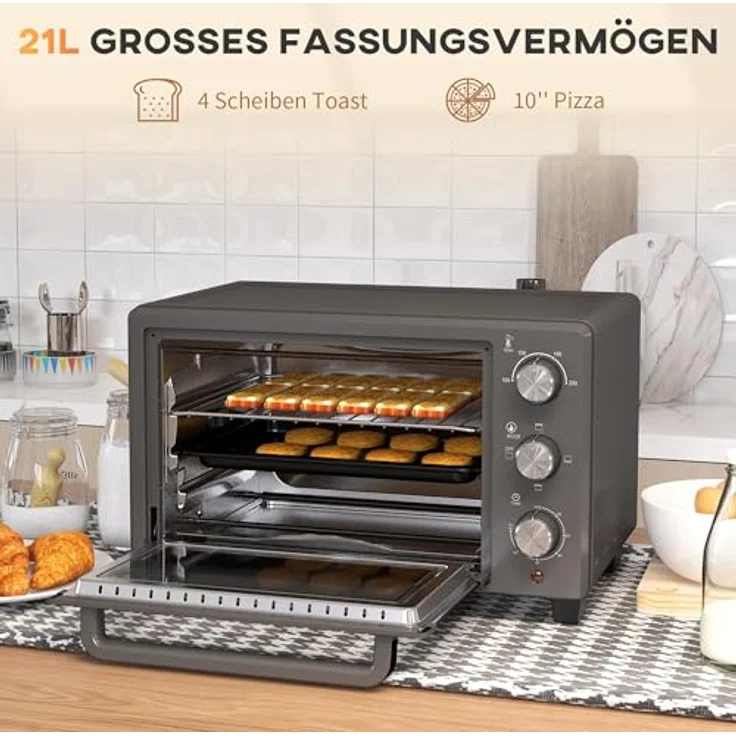 HOMCOM Minibackofen 21L 1400W 60 Min. Timer, Tischofen aus Edelstahl, Grau - Vielseitiger Mini Ofen mit präziser Temperaturregelung – Bild 3