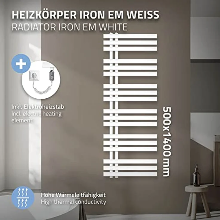 ECD Germany Iron EM, Design Badheizkörper elektrisch mit Heizstab 900 W, 500 x 1400 mm, weiß, Handtuchwärmer mit Montagezubehör – Bild 3