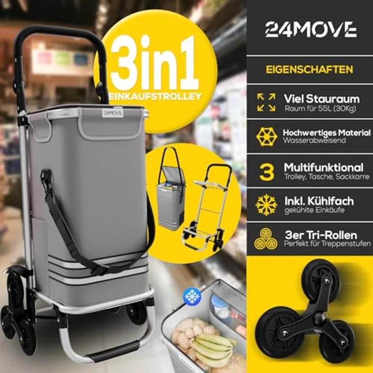 24MOVE® Einkaufstrolley Alegre, klappbar mit 55L Kühlfach, faltbarer 3in1 Trolley - Sackkarre und Tasche, grau, bis 30kg belastbar – Bild 2