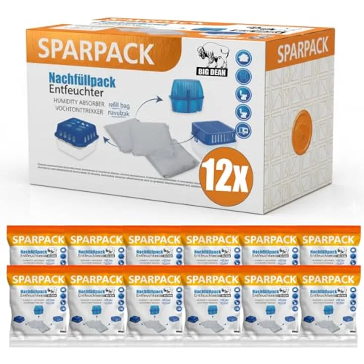 BigDean 12x 400g Luftentfeuchter Nachfüllpack, universelle Ersatzbeutel für geräuschlose Feuchtigkeitsregulierung bis 25 m², schimmel- und geruchsverhindernd