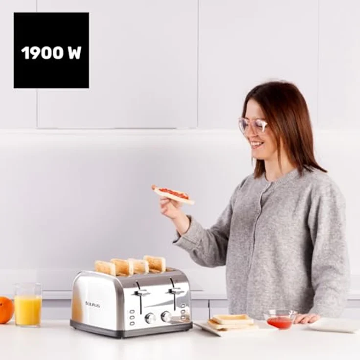 Taurus Toaster Vintage Four 1900 W, 4 Schlitze 135x35 mm, 7 Bräunungsstufen, 3 Funktionen, Edelstahlgehäuse, Grau – Bild 2