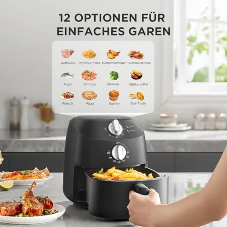 Midea Heißluftfritteuse 2L, 1150W, ölfrei mit automatischer Abschaltfunktion, kompakt, leicht zu reinigen, BPA-frei, Schwarz – Bild 4