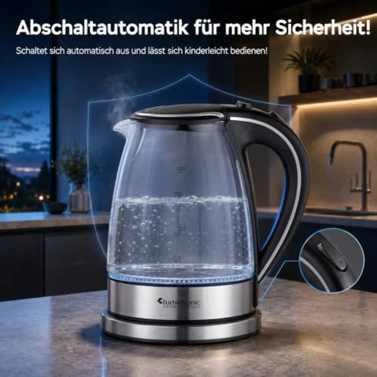 TurboTronic TT-LED01 Wasserkocher, 2200 W Glas mit 1,7 l Fassungsvermögen und blauer LED-Innenbeleuchtung, BPA-frei – Bild 4