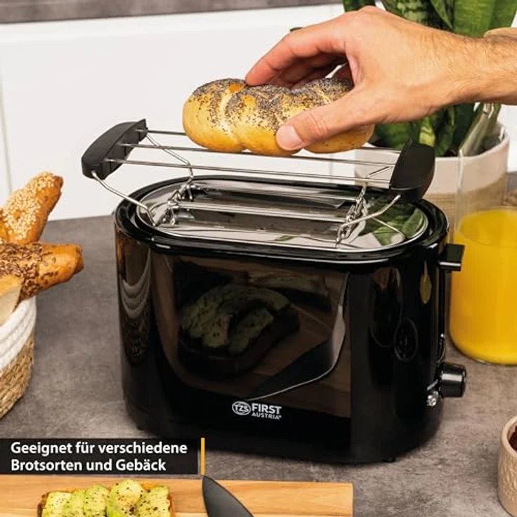 TZS First Austria Doppel Kurzschlitz Toaster, 2 Scheiben, schwarz, 750W, 7 Stufen, Warmhalte- und Auftaufunktion, inkl. Krümelschale – Bild 5