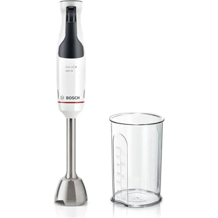 Bosch Stabmixer ErgoMaster Serie 4 MSM4W210, einhändig bedienbar, Edelstahl-Klingen, verschleißfreie Keramik-Kupplung, Mixbecher, QuattroBlade, AntiSplash Funktion, Einschaltsperre, 600 W, weiß