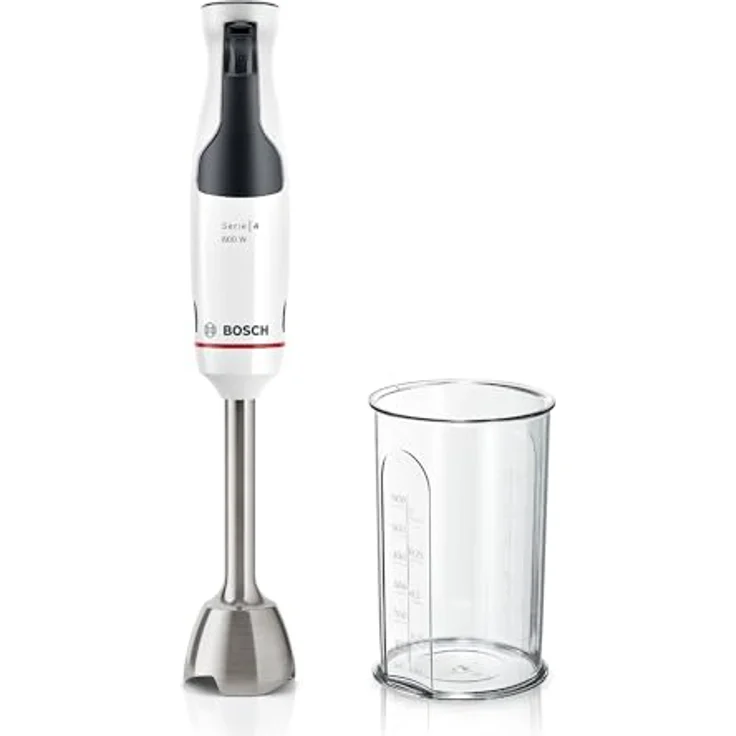 Bosch Stabmixer ErgoMaster Serie 4 MSM4W210, einhändig bedienbar, Edelstahl-Klingen, verschleißfreie Keramik-Kupplung, Mixbecher, QuattroBlade, AntiSplash Funktion, Einschaltsperre, 600 W, weiß – Bild 1