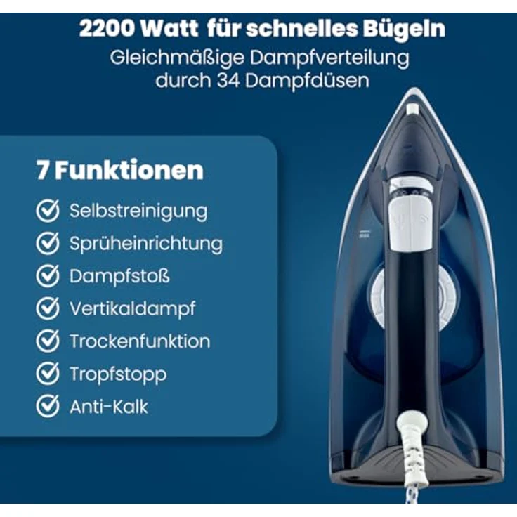 Clatronic DB 3704 Dampfbügeleisen mit 7 Funktionen, Edelstahlspezialsohle, stufenlose Temperaturregulierung, zuschaltbare Selbstreinigungsfunktion, Weiß-Blau – Bild 3