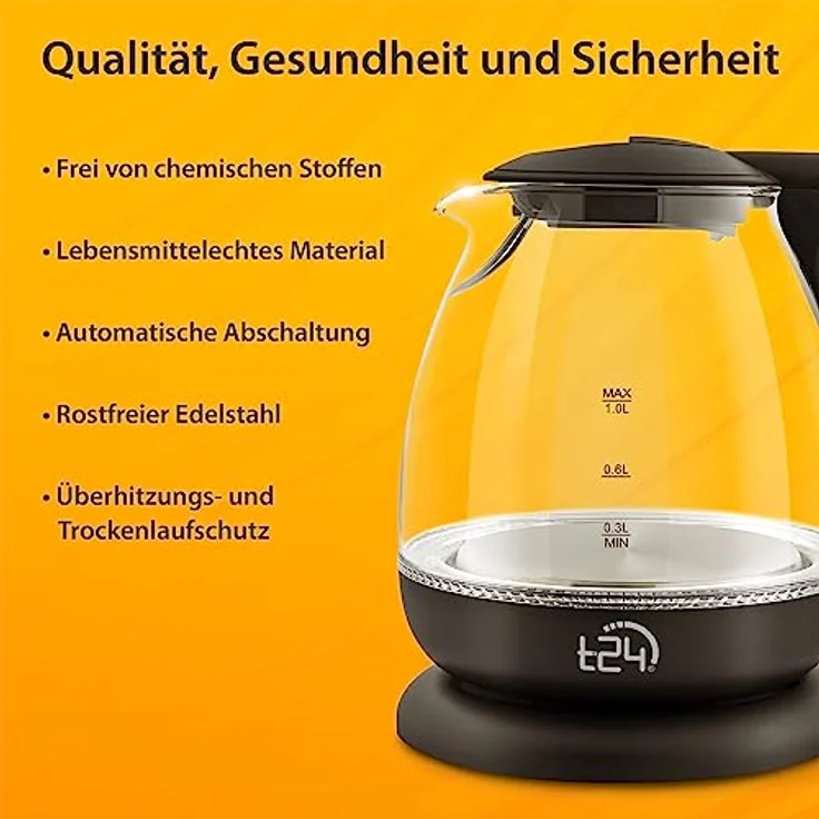 T24 Borosilikatglas Wasserkocher mit LED, 1100 Watt, 1 Liter, 360°-Basis, Glas, Edelstahl schwarz – Bild 4