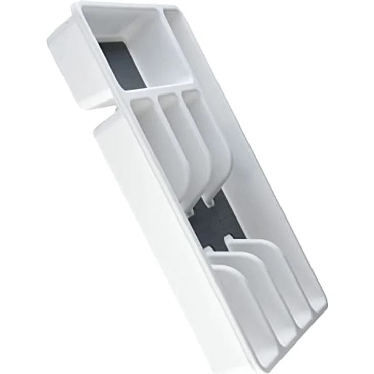 WENKO Besteckkasten Anti-Rutsch 5 Fächer, Schubladen-Einsatz für Besteck, aus stabilem Kunststoff mit rutschfesten Fächern, 26,5 x 36,5 x 5 cm, Weiß/Grau – Bild 4