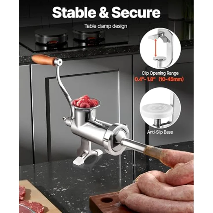 VEVOR manuelle Fleischmühle, Edelstahl 304, handbetriebene Fleischmahlmaschine mit Tischklemme, 2 Schleifplatten, Wurstfüller, ideal für Küche und Restaurant – Bild 2