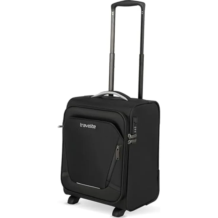 Travelite Jetpack Handgepäck Koffer, kompakter Bordtrolley mit 2 Rollen, 40x30x25 cm, 25 l, integriertes Zahlenschloss, Schwarz