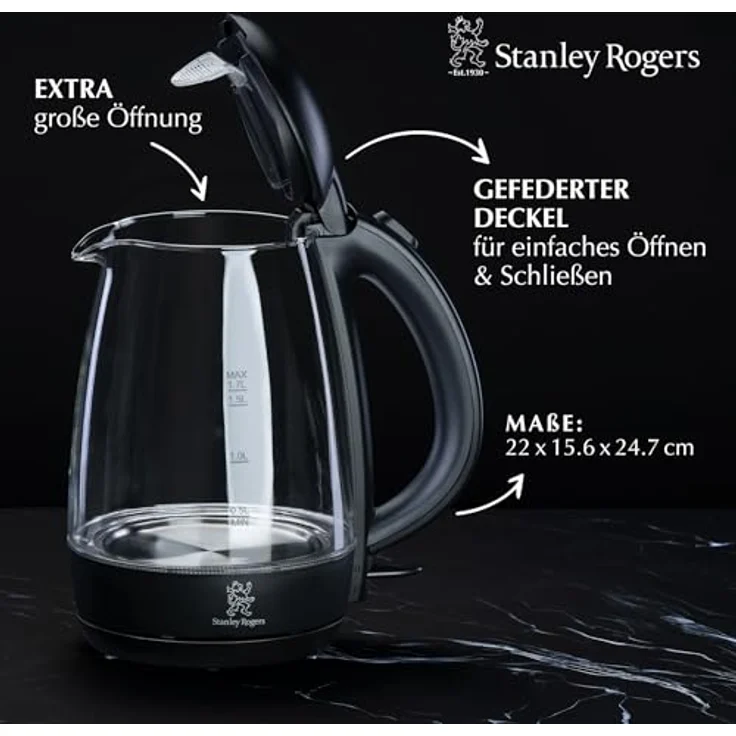 Stanley Rogers Glas-Wasserkocher 1,7L mit LED-Betriebsanzeige, Überhitzungs- und Trockenauslaufschutz, kabelbetrieben, 2200 W – Bild 3