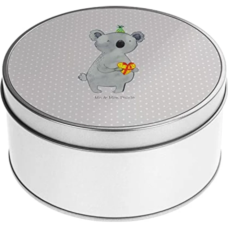 Mr. & Mrs. Panda Blechdose rund Koala Geschenk - Grau Pastell - Vorratsdose 150mm - mit Koalabär Motiv und glänzender Oberfläche – Bild 1