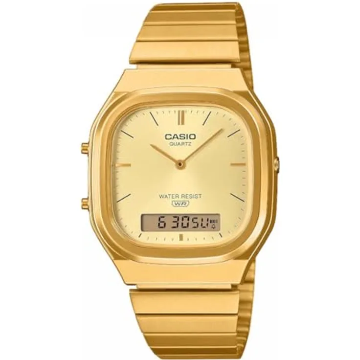 Casio AQ-240EG-9AEF, Armbanduhr mit Gold Edelstahlarmband, analog, Quarzwerk, Kalender und Wecker