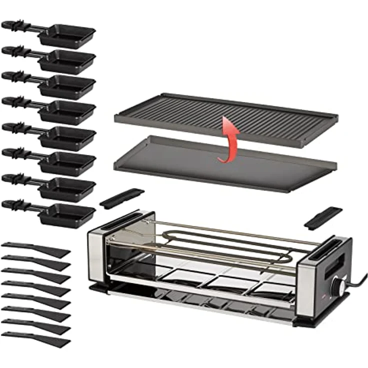 Unold 48930 Raclette Finesse Basic Raclette-Grill inkl. Raclette Rezeptbuch mit 50 Rezepten, für 8 Personen, wendbare Antihaft-Grillplatte, elektrischer Tischgrill, Edelstahl/Aluminium, 1200W – Bild 4