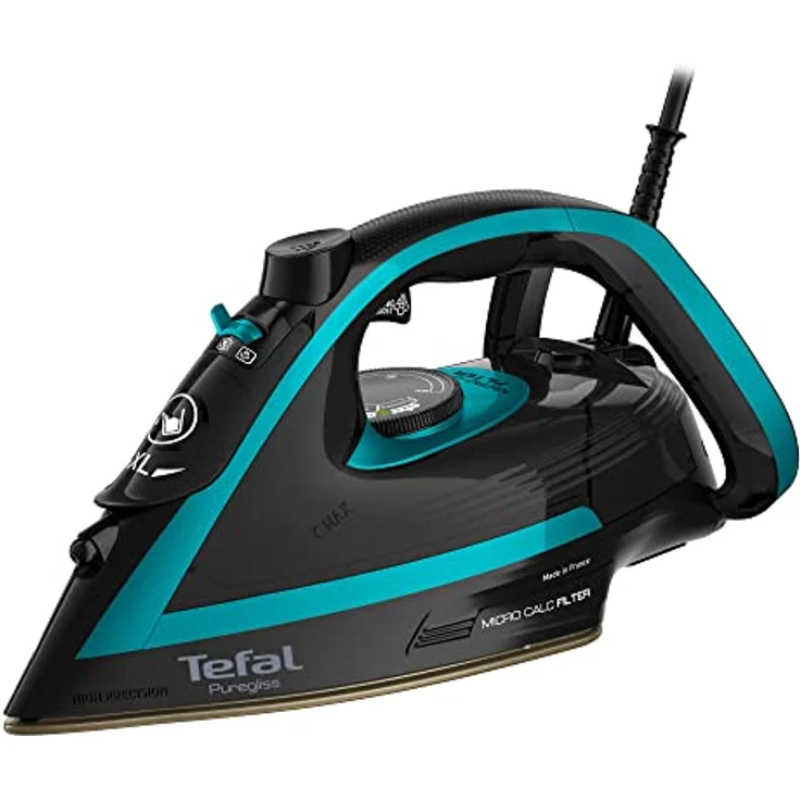 Tefal FV8066 Puregliss Dampfbügeleisen | 280 g/Min. Dampfstoß | Vertikaldampf | XL Wassereinfüllöffnung | stabile Ablage | Anti-Kalk-Ausstattung | Tropfstopp | Auto-Abschaltung | Schwarz/Türkis – Bild 1