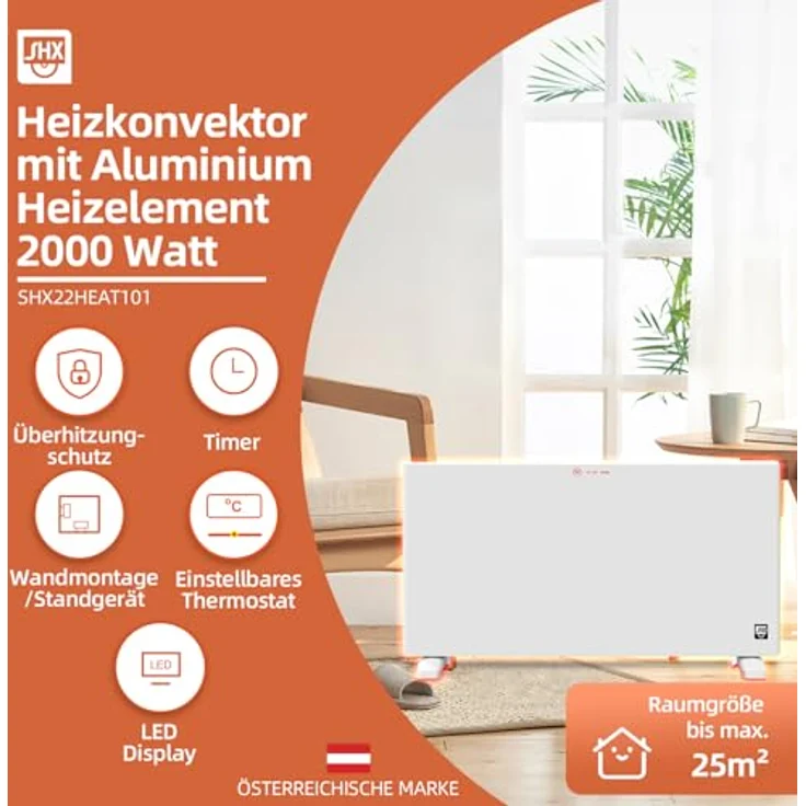 SHX Slim-Konvektorheizung Aluminium-Heizelement LED-Anzeige Thermostat Timer Überhitzungsschutz, Wand- Standmontage – Bild 2