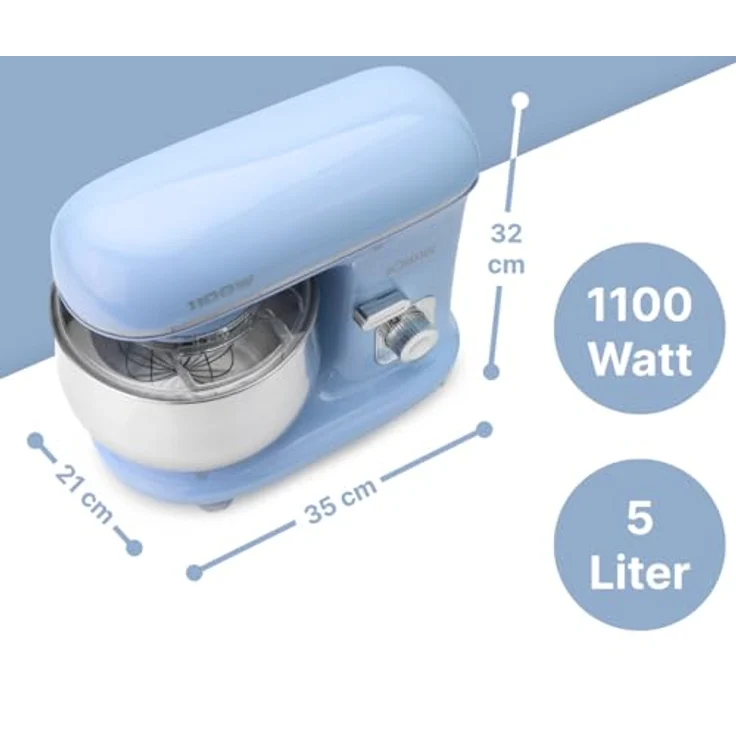 Bomann KM 6030 CB Knetmaschine inkl. transparentem Spritzschutzdeckel mit Nachfüllöffnung, 1100 Watt, 5 Liter, schwenkbarer Multifunktionsarm, blau – Bild 4