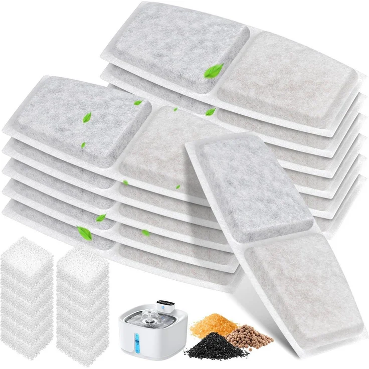 TEOKANTZ Katzenbrunnen Filter Ersatzfilter Set, 12x Aktivkohlefilter & 12x Schwammfilter, kompatibel mit Pliera W01SP 3,2L, 5-stufiges Filtersystem für sauberes Wasser