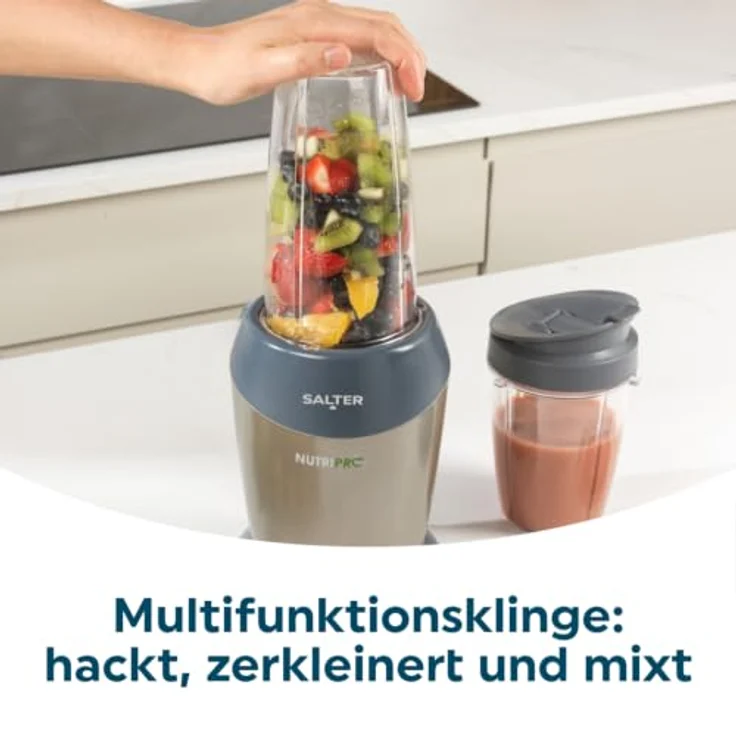 Salter NutriPro 1000 Mixer – Tragbarer Smoothie-Maker mit 1000W, 2 BPA-freien Reisebechern (800ml/1L), Edelstahlklinge für Nährstoffextraktion und Suppen/Babynahrung – Bild 5