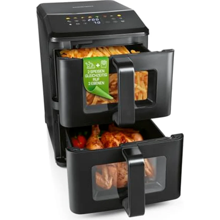GOURMETmaxx FryUp vertikale Doppelkammer Heißluftfritteuse, 10 L mit Sichtfenster, 9,8 Zoll Multi-Colour LED-Touchdisplay, 11 Programme, Oberhitze und fettarme Zubereitung – Bild 1