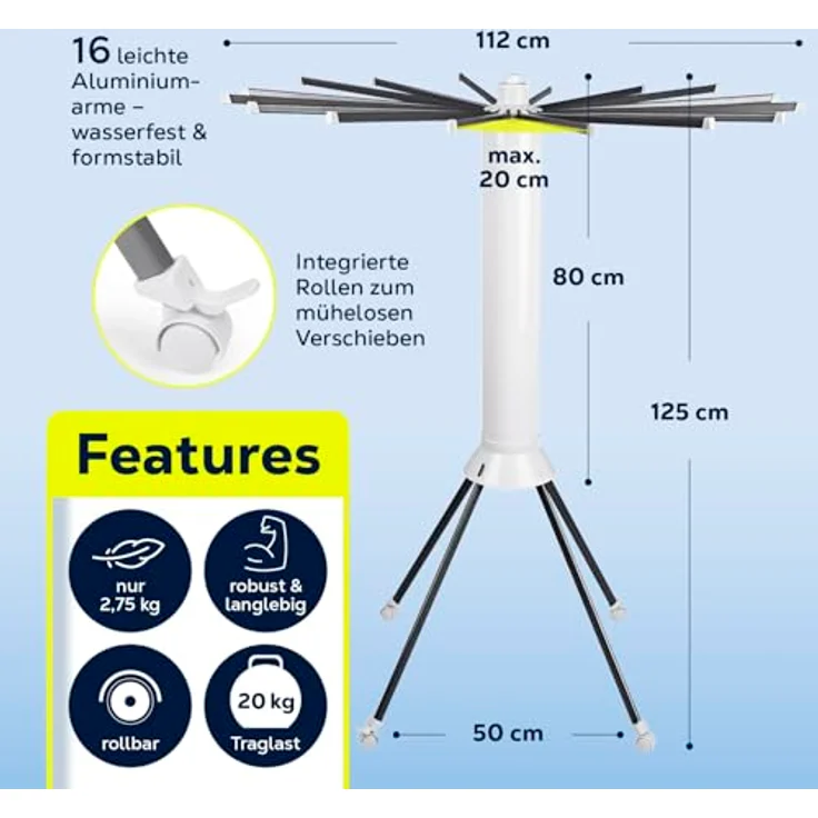 DS Produkte EASYmaxx Wäscheständer 112x125cm, platzsparend mit 16 ausziehbaren Armen in weiß/grau – Bild 6