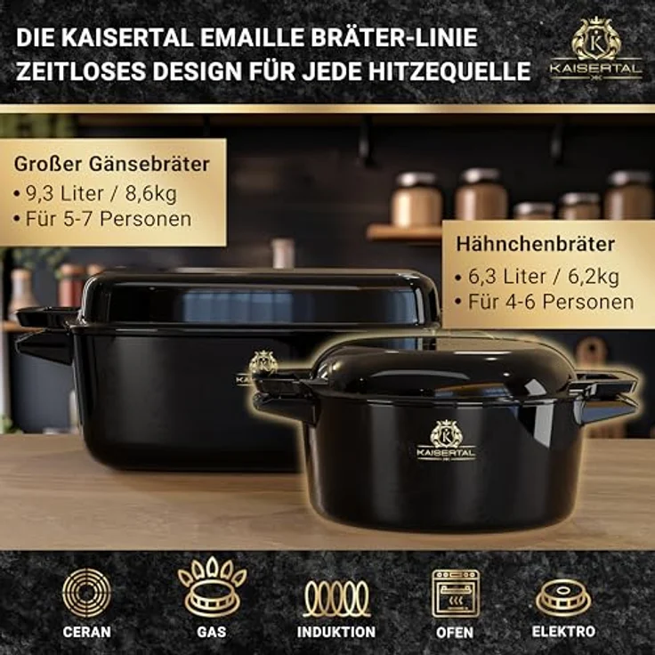 KAISERTAL Gusseisen Topf - 26cm Emaillierter Schmortopf mit Deckel 4,8L & Gusspfanne 1,8L – Gusseisen Bräter mit Deckel induktion - Cast Iron Pot Backofengeeignet - Braten & Schmoren, schwarz – Bild 5