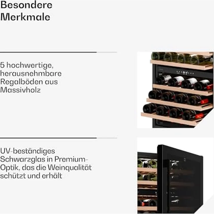 Klarstein JCF-145S Velaire Weinkühlschrank, 46 Flaschen, 2 Zonen, UV-Schutz, Holzlagerböden, leise, ideal für Sammler – Bild 6
