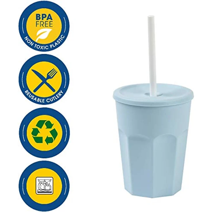 ENGELLAND - 5x Kunststoffbecher mit Deckel Blau Trinkbecher mit Strohhalm Party-Becher Plastik Trink-Gläser Mehrweg 0,25l – Bild 3