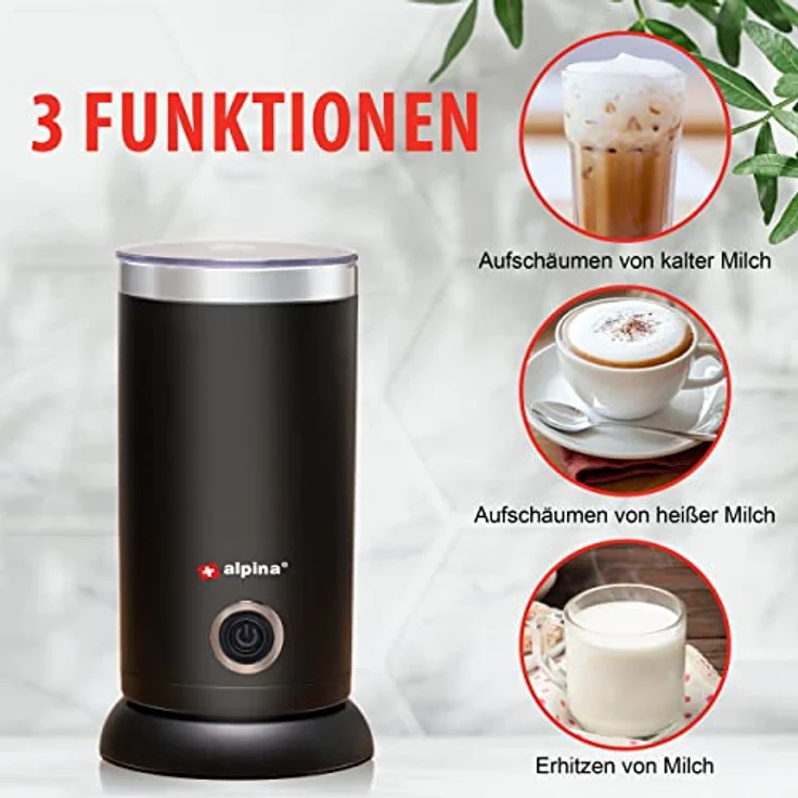 alpina Milchaufschäumer - 230V/450W - 3-in-1 Milchschäumer - 300 ML - Kalter und Heißer Milchschaum - Erhitzen von Milch bis zu 65°C - Antihaftbeschichtung - Schwarz – Bild 2