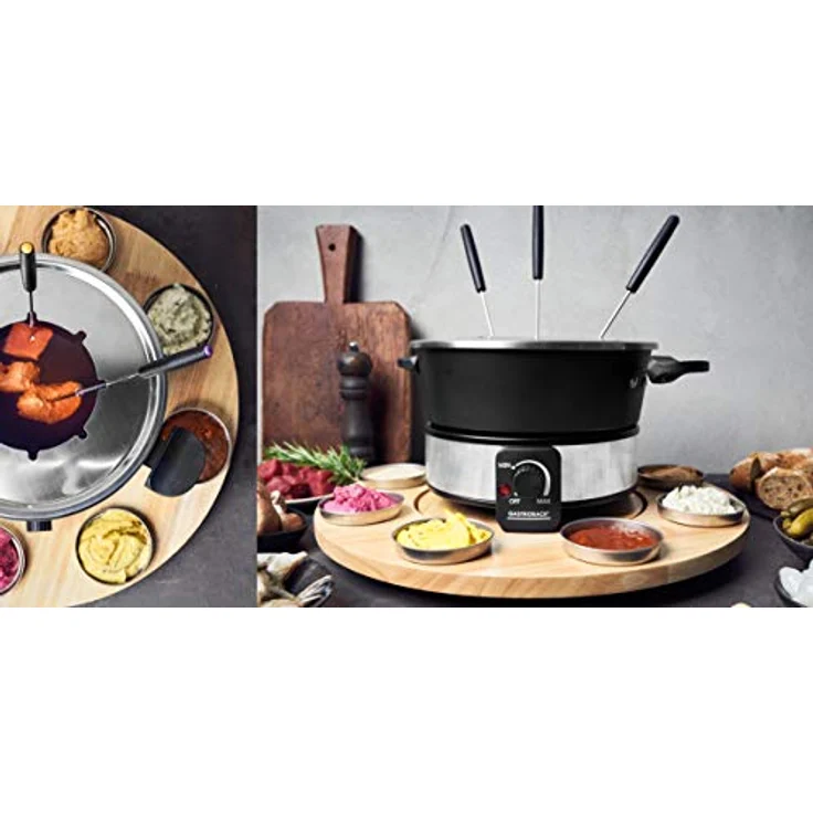 GASTROBACK 42566 Fondue Set, praktischer Drehteller mit 8 Edelstahl-Saucenbehälter Stufenlos regelbar von 40°C bis 190°C, 1.000 Watt, 1000, Antihaftbeschichteter Topf, schwarz, silber – Bild 4