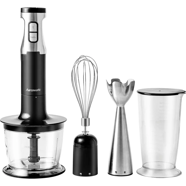 Hanseatic HHBL1000SD 3-in-1 Stabmixer, 1000 W mit Schneebesenaufsatz und Rühr-/Messbecher, extra hoher Mixbecher, 2 Geschwindigkeiten