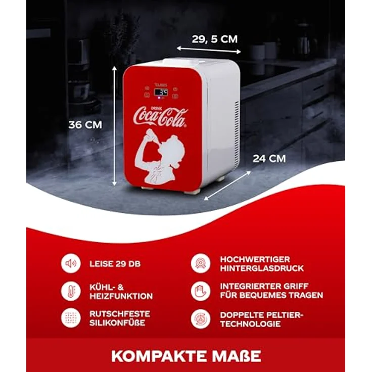 °CUBES Coca-Cola Mini Kühlschrank 9,3L, Kompakter Kühlschrank mit Glasdruck & LCD-Touch-Display, leise & energieeffizient, 12V/220V für Auto & Haushalt – Bild 5