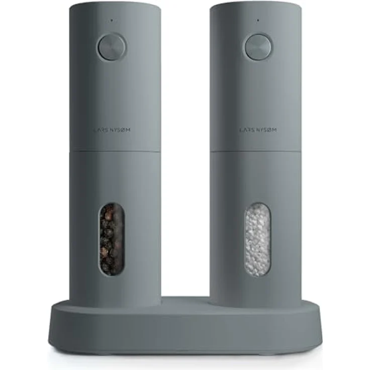 LARS NYSØM Salz und Pfeffer Mühle Elektrisch 2er Set mit einstellbarem Keramik-Mahlwerk von grob bis fein I Design Gewürzmühlenset Automatisch (2 Stück, Matt Grey) – Bild 1