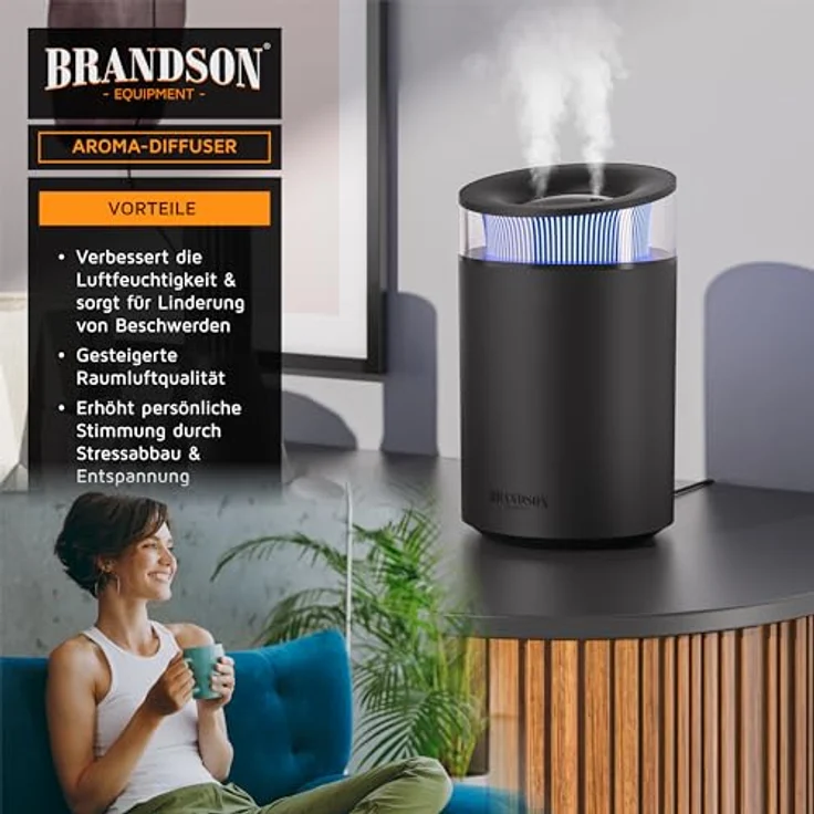 Arendo Luftbefeuchter 2,5 Liter leise - 7 LED Farben Stimmungslicht - 2 schaltbare Dampfausgänge - integriertes Aromaöl Fläschchen - 20m² Wohnzimmer Schlafzimmer Kinderzimmer - Schwarz – Bild 5