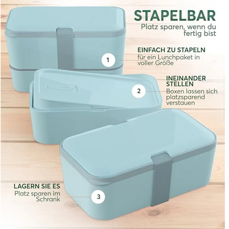 UMAMI Bento Lunchbox für Erwachsene mit Besteck, 2 Saucenbehältern, auslaufsicher, ideal für Salat und Snacks, 2 Etagen mit Fächern, leicht zu reinigen – Bild 4