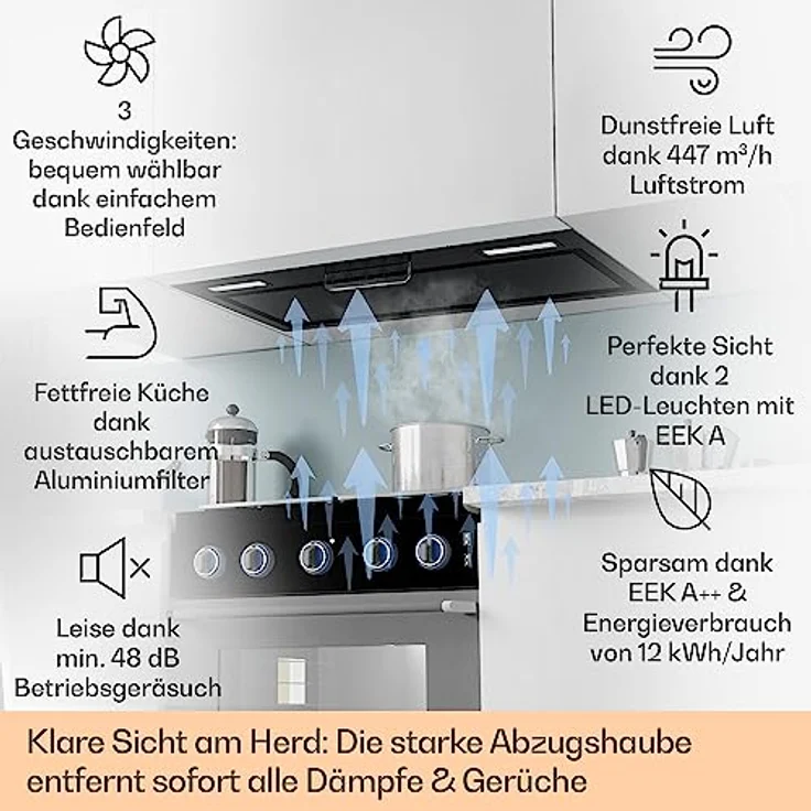 Klarstein Dunstabzugshaube 70cm, Abluft-Dunstabzugshaube mit Spülmaschinenfestem Aluminium Filter, Leise Abzugshaube für Abluft, 508 m³/h Luftstrom, Wandhauben mit LEDs, Dunstabzug zur Wandmontage – Bild 2