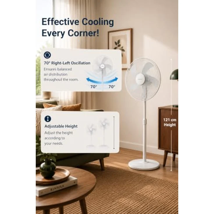 KUMTEL Standventilator KTF-350, 50 W, oszillierend, 5-Blatt-Rotor, geräuscharmer Betrieb, verstellbare Höhe, weiß – Bild 7