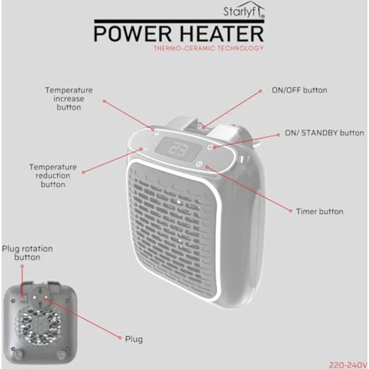 STARLYF Power Heater Wandheizgerät mit Thermo-Keramik-Technologie, Steckdosen-Heizung, 800 W, Timer, digitale Temperaturregelung – Bild 4